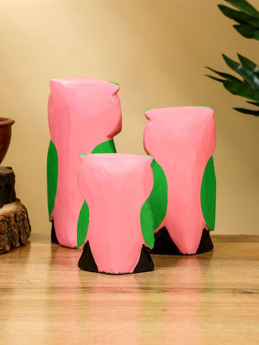 Набор сувенирный Совята с сердечком, h=15 см, h=13 см, h=10 см, дерево, розово-зелёный