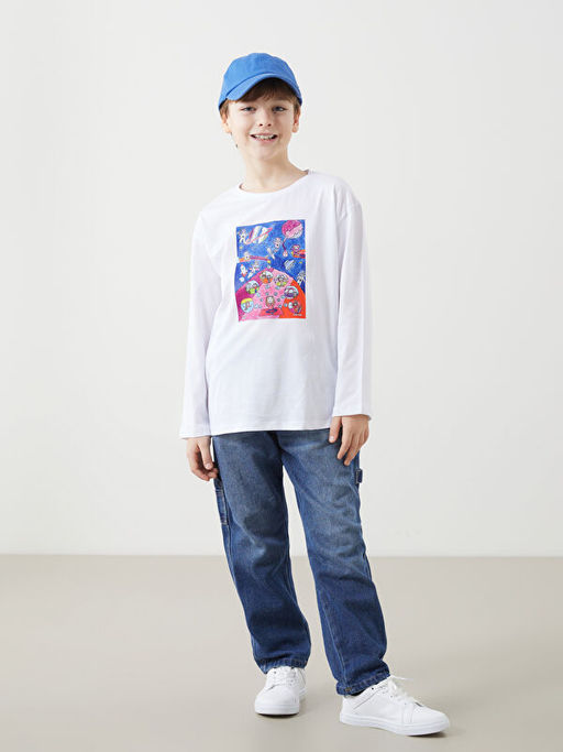 Bisiklet Yaka Bask?l? Unisex ?ocuk Ti??rt
