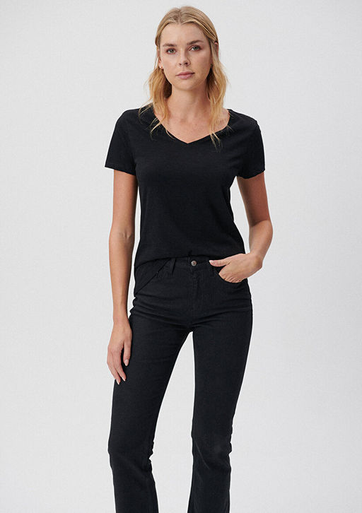 V Yaka Flaml? Siyah Basic Tisort