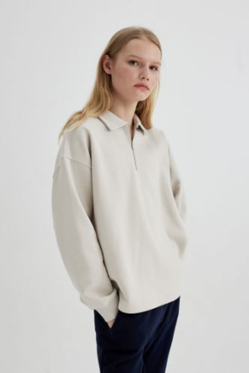 Relax Fit Fermuarl? Dik Yaka Basic Duz Kal?n Sweatshirt