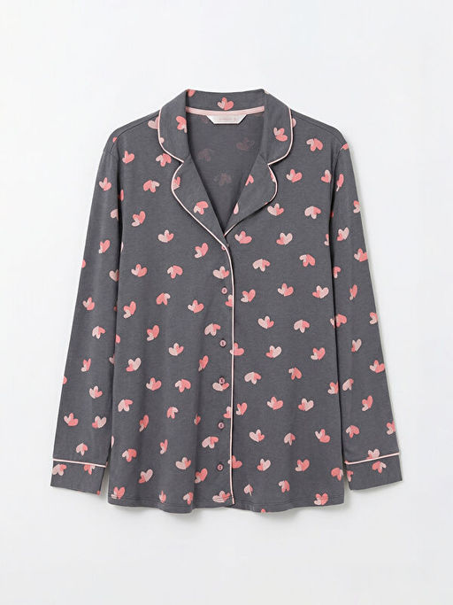 G?mlek Yaka Kalp Bask?l? Kad?n Pijama Tak?m