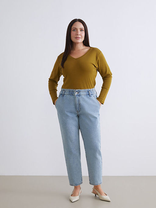 Beli Lastikli Mom Fit Kad?n Jean Pantolon