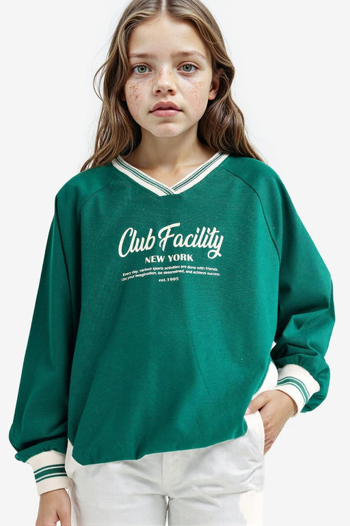%100 Pamuk Oversize Geni_ Kal_p V Yaka Bask_l_ Okul Sweatshirt K_z _ocuk