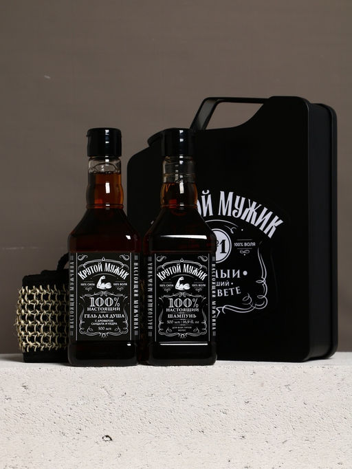 Подарочный набор «Крутой мужик», гель для душа во флаконе виски, шампунь и мочалка лента, Чистое счастье