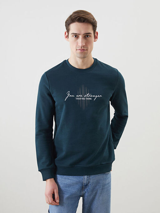 Bisiklet Yaka Bask?l? Erkek Kal?n Sweatshirt