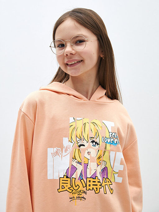 Bask?l? Uzun Kollu K?z ?ocuk Hoodie