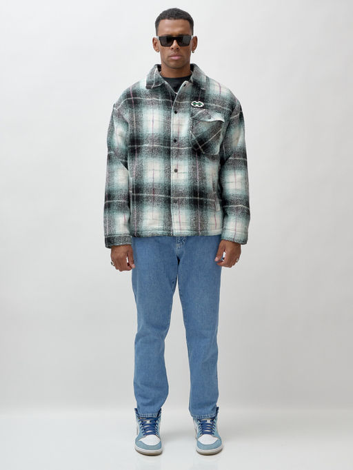 Куртка рубашка шерстяная в клетку мужская демисезонная зеленого цвета 58592Z