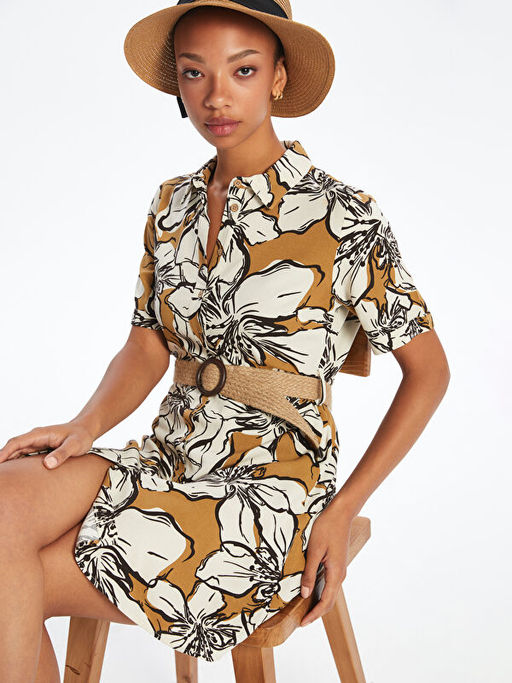 ?i?ekli Keten Kar???ml? G?mlek Elbise