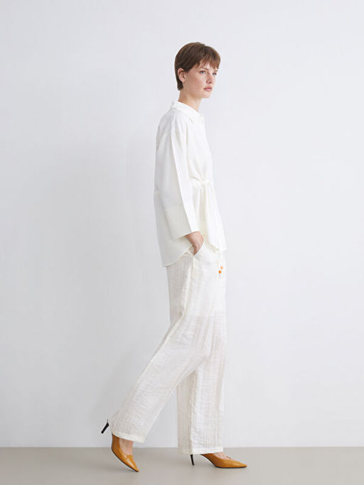 Beli Lastikli Keten G?r?n?ml? Kad?n Pantolon