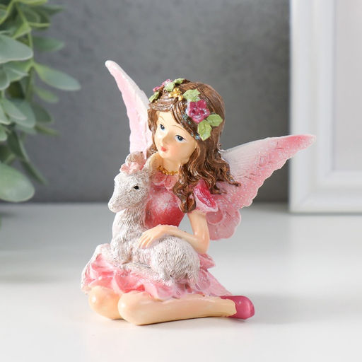 Фигурка полистоун Девочка-бабочка с козликом, розовые крылья, 8.5?6?9 см