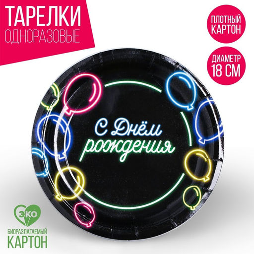 Цена за 10 шт. Тарелка бумажная С днём рождения, неоновые шары, 18 см