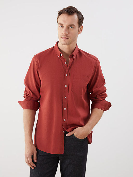 Regular Fit Uzun Kollu Keten Kar???ml? Erkek G?mlek