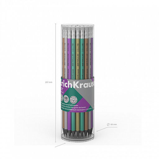 Цена за 42 шт. Чернографитный карандаш пластиковый ErichKrause JOY® Metallic, круглый, с ластиком, HB (в тубусе по 42 шт.)  фото 6