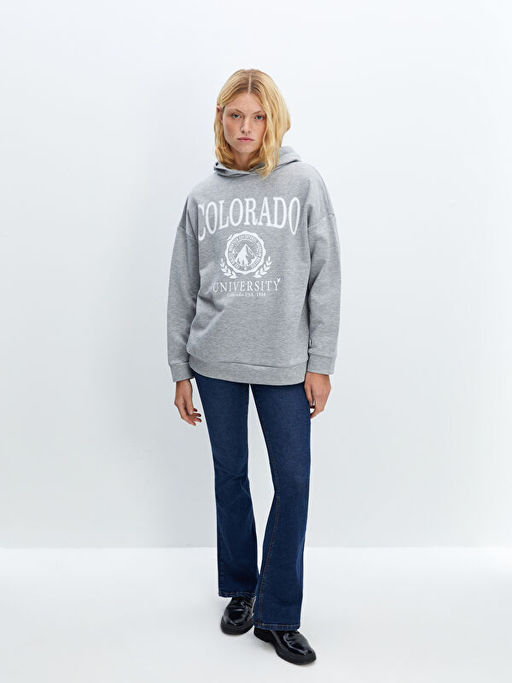 Kap??onlu Bask?l? Oversize Kad?n Sweatshirt Tunik