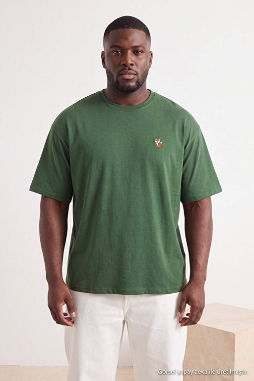 B_y_k Beden Haki Oversize Tilki Nak__l_ %100 Pamuk T-Shirt TMNSS26BF00012 - Trendyolmilla фото 2