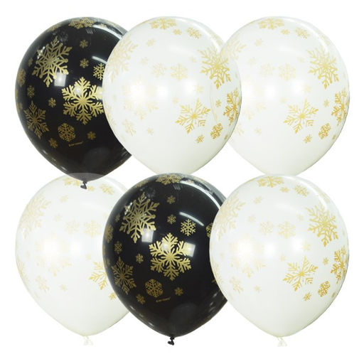 Цена за 3 шт.Шарик воздушный Latex Occidental с рисунком 12", 30см "WHITE&BLACK&TRANSPARENT. Снежинки золотые" (6060565) МЕКСИКА