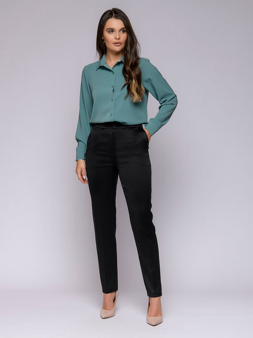 Блуза фисташкового цвета с отложным воротником и длинными рукавами - 1001dress фото 2