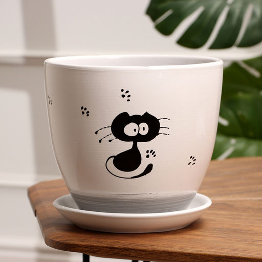 Горшок для цветов Кот, 5 л, d=23 см, h=21 см, керамика, с поддоном, белый