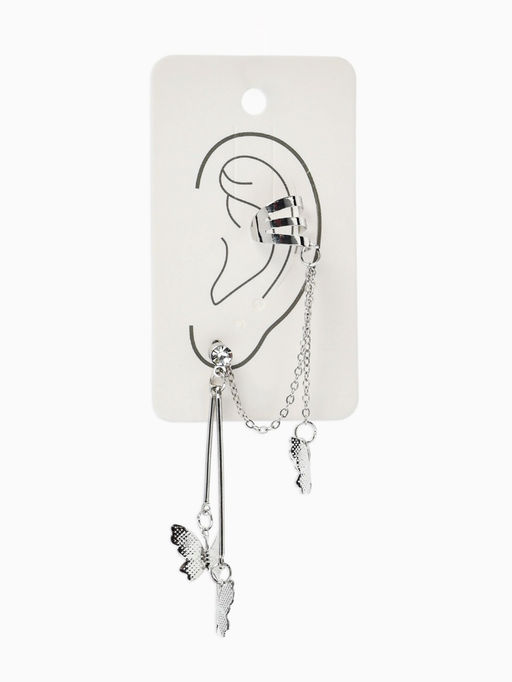 Серьга «Кафф» бабочка, цвет серебро