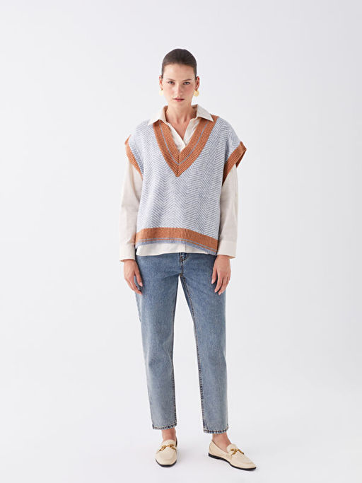 V Yaka Desenli Oversize Kad?n Triko S?veter