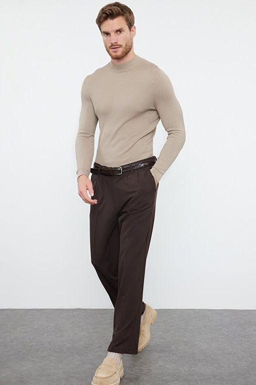Kahverengi Pileli Klasik Baggy Fit Kuma_ Pantolon TMNSS24PL00024