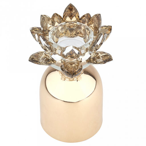 Подсвечник стеклянный "Лотос Янтарный" h17см, чаша д5,2см, h2см, отвинчивающаяся, нескользящее основание д8см, металлическая ножка, золотой, в коробке (Китай)