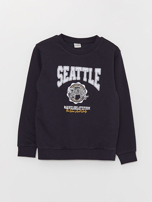 Bisiklet Yaka Bask?l? Uzun Kollu Erkek ?ocuk Sweatshirt