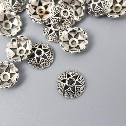 Цена за 2 шт. Декор шляпка для бусин "Цветок-полукруг" серебро 0,8х0,8 см набор 50 шт