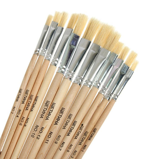 Набор кистей для рисования, щетина, 12 штук: № 1, 2, 3, 4, 5, 6, 7, 8, 9, 10, 11, 12, плоские, деревянная ручка, международный размер