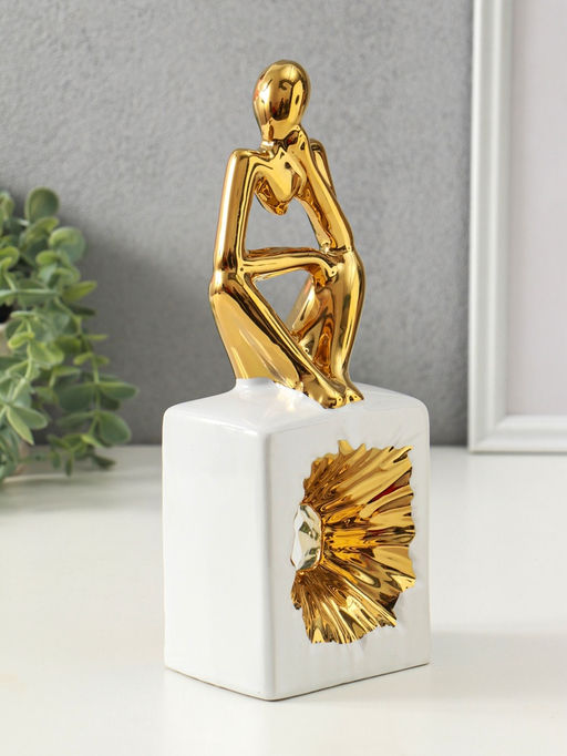 Фигура керамика «Задумчивый человек», белый с золотом, 7×9.5×26 см