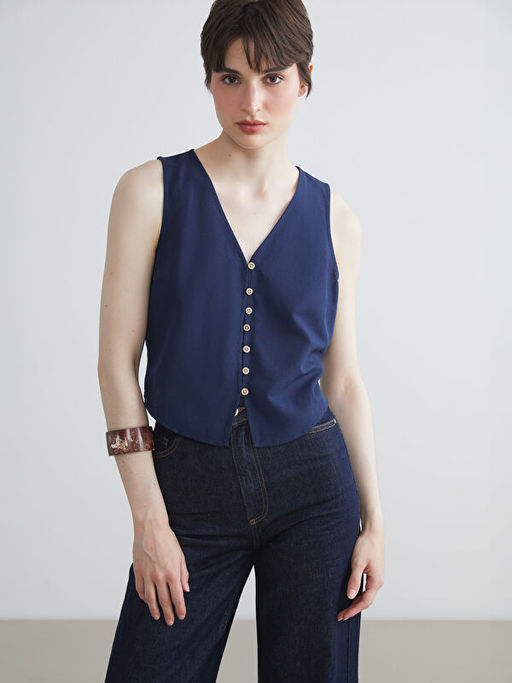 V Yaka Keten Kar???ml? Kad?n Klasik Yelek