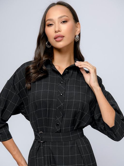 Платье-рубашка черного цвета в клетку длины миди с отложным воротником - 1001dress фото 3