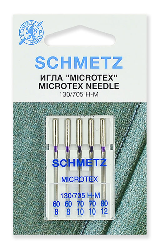 Иглы для бытовых швейных машин Schmetz микротекс (особо острые) 130/705H-M №60(2)/70(2)/80, уп.5 игл