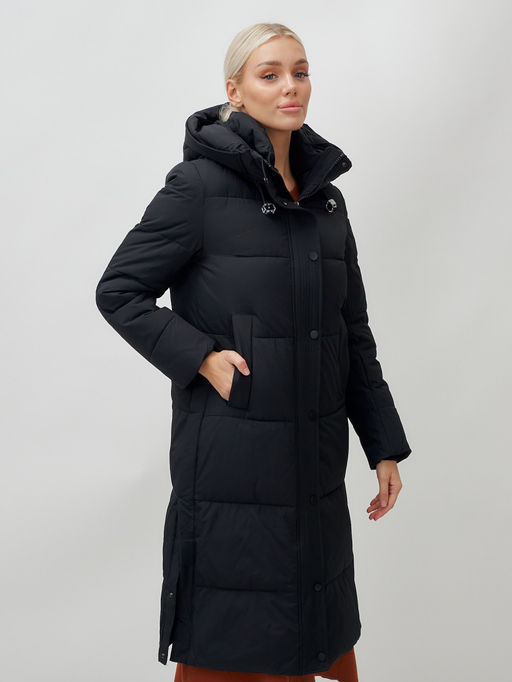 Пальто утепленное стеганное зимнее с капюшоном женское черного цвета 9601Ch