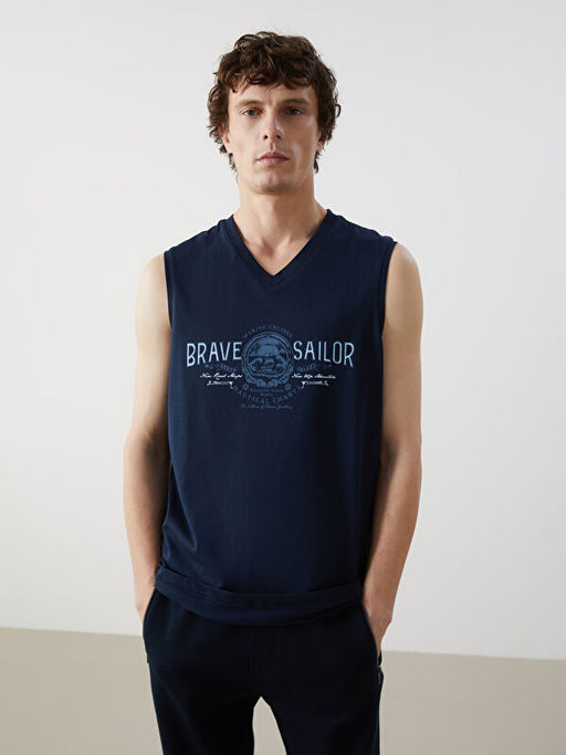 V Yaka Bask?l? Erkek Kolsuz Ti??rt