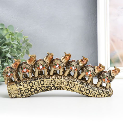 Фигура полистоун «Семь слонов на бивне с цветами», под бронзу, 21×4×9.8 см