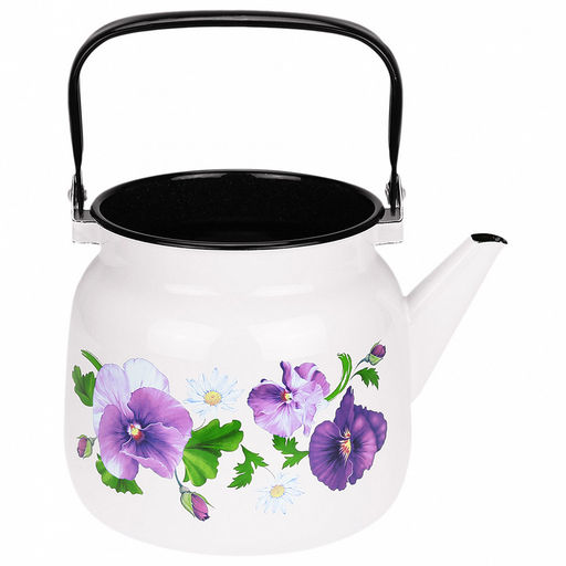 "Анютины глазки" Чайник эмалированный 3,5л, д19,4см, h16,2см, s0,08мм, двойной слой эмалевого покрытия, металлическая крышка, металлическая подвижная ручка (Россия)