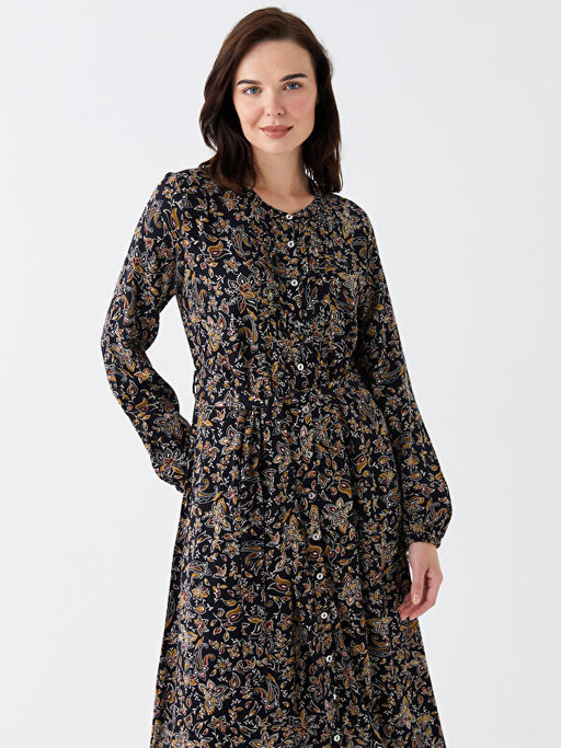 Hakim Yaka Desenli Uzun Kollu Kad?n G?mlek Elbise