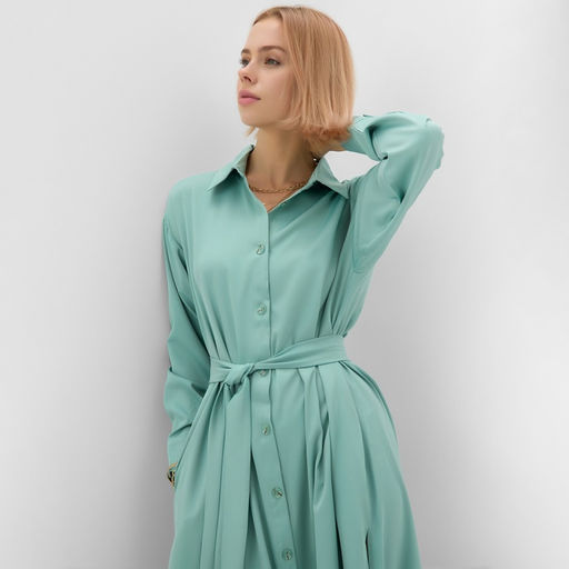 Платье женское миди MINAKU: Casual collection, зелёное, размер 48, с длинным рукавом
