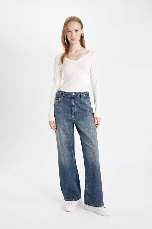 Мешковатые джинсовые брюки длиной до щиколотки с высокой талией и складками - Defacto фото 2