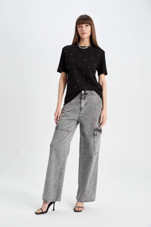 Женская черная повседневная футболка с короткими рукавами и круглым вырезом стандартного кроя, украшенная камнями - Defacto фото 5