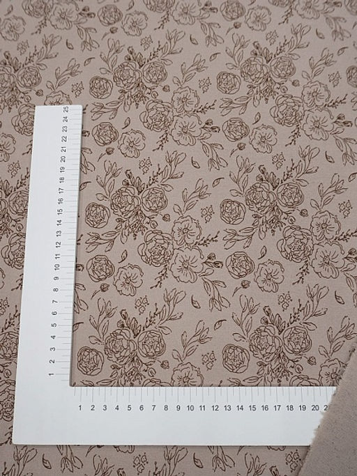 Теплый хлопок Букеты пионов на бежево-кофейном, ш.1.5м, хлопок-100%, 160гр/м.кв - Купава фото 4