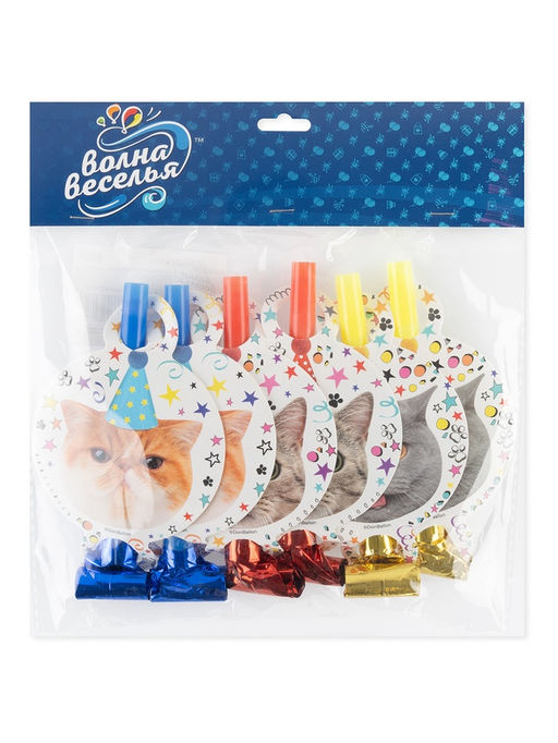 Цена за 2 шт. Карнавальные язычки гудки "Котики" 11 см, 6 шт. в упак.