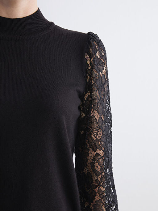 Yar?m Bal?k?? Yaka Dantel Detayl? Kad?n Triko Kazak