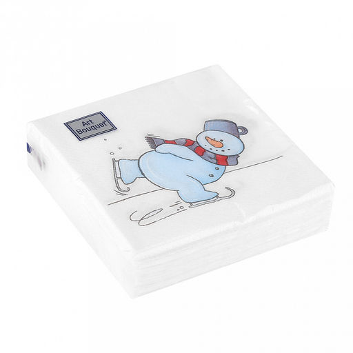 Салфетки бумажные "Art Bouquet" 20х20см, 2-х слойные, 30 штук в упаковке, 100% целлюлоза, "Снеговик на коньках" (Россия)