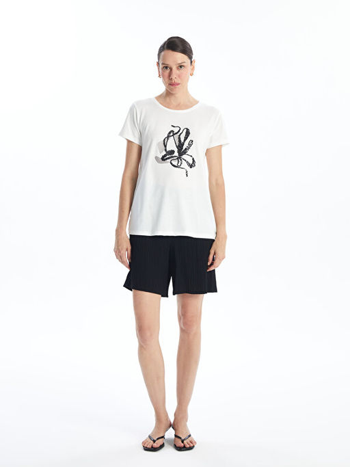 Bisiklet Yaka ??lemeli K?sa Kollu Kad?n Ti??rt