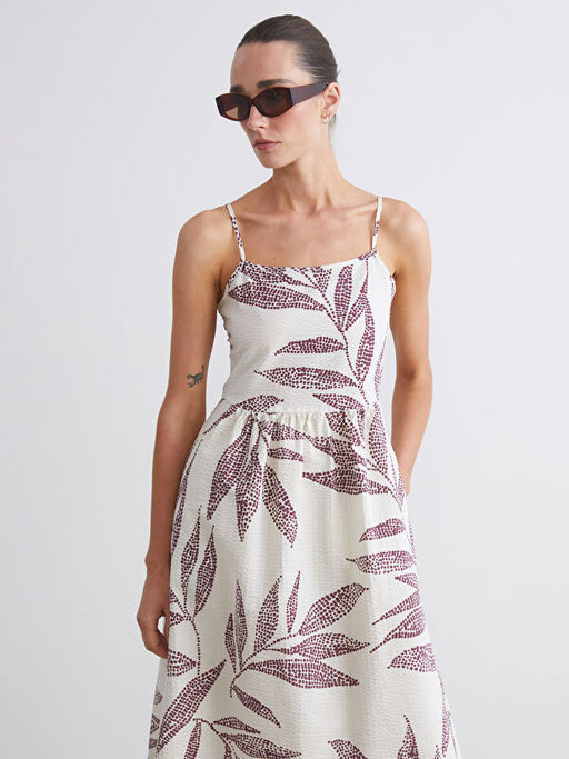 Kare Yaka ?i?ekli Ask?l? A Kesim Elbise