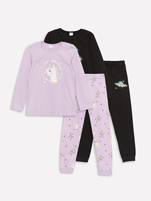 Bisiklet Yaka Bask?l? Uzun Kollu K?z ?ocuk Pijama Tak?m? 2li