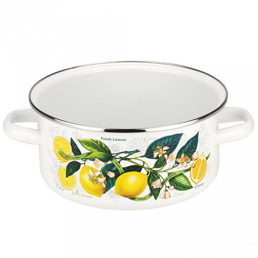 "Лимоны в цвету" Кастрюля эмалированная 3л, д22см, h10,5см, цилиндрическая форма, металлическая крышка, белый (Россия)