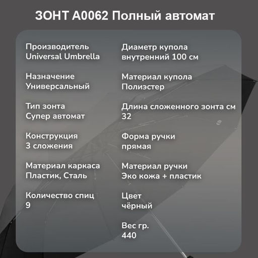 Зонт Universal полный автомат чёрный ,прямая пучка эко кожа - 1000 деталей фото 3